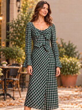 Anthropologie Plaid Midi Dress Evergreen White Faux Wrap Long Sleeve Size S NWT